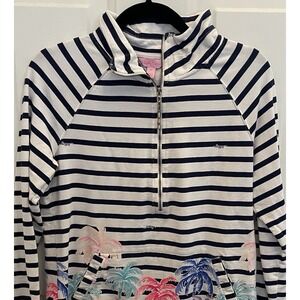 Lilly Pulitzer Desert Palm Skipper Popover Navy Stripe 1/2 Zip Womens M Tropical